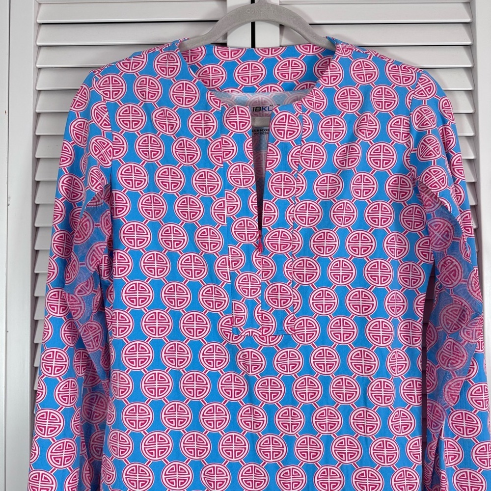 Ibkul Long Sleeve 1/4 Zip Crew Neck Dress Blue Pink Medallion Print Size Small - Picture 2 of 8